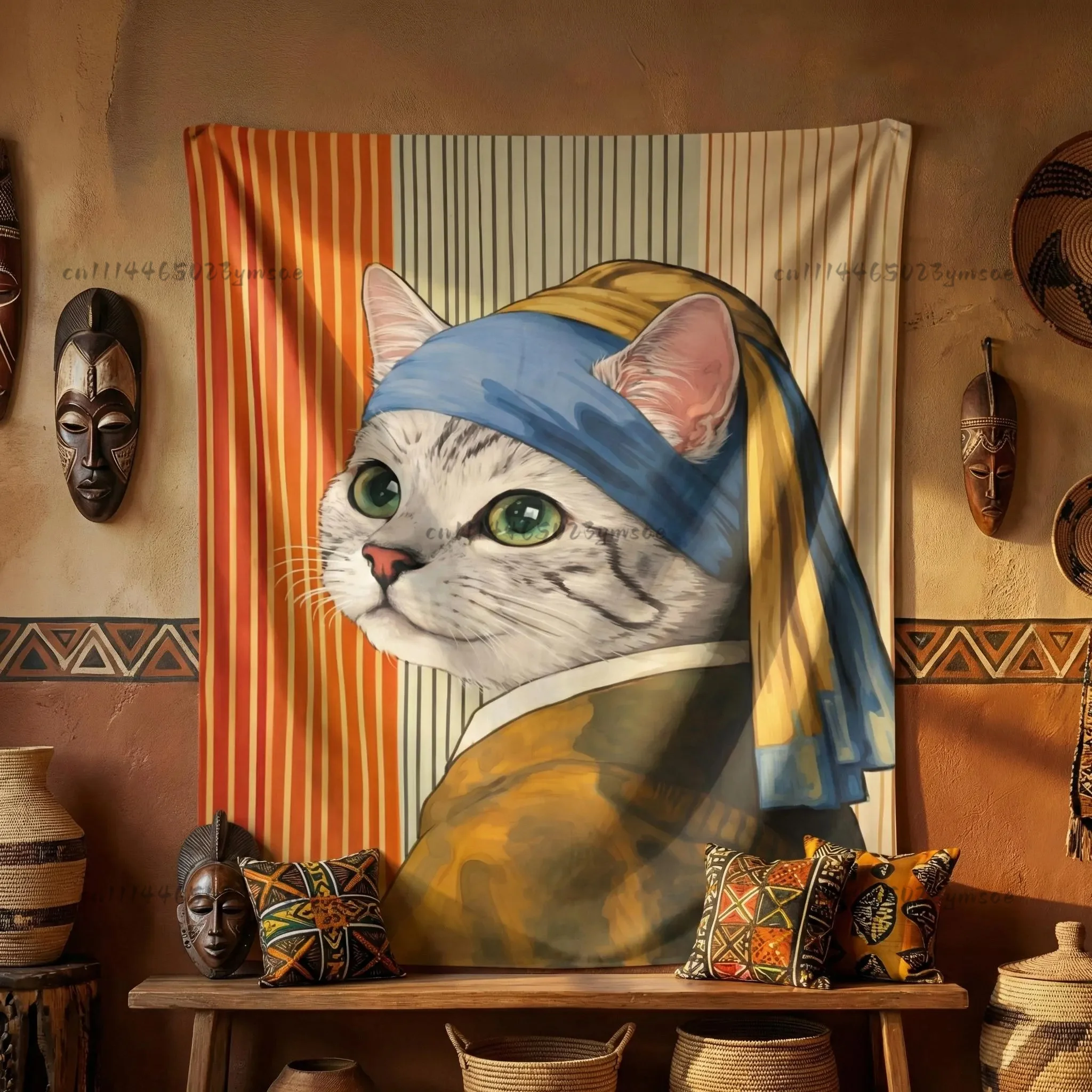 Funny Tapestry Whimsical Cat With a Pearl Earring Fun Tapestries Living Room Sofa Background Cloth Masterpiece Parody Home Decor