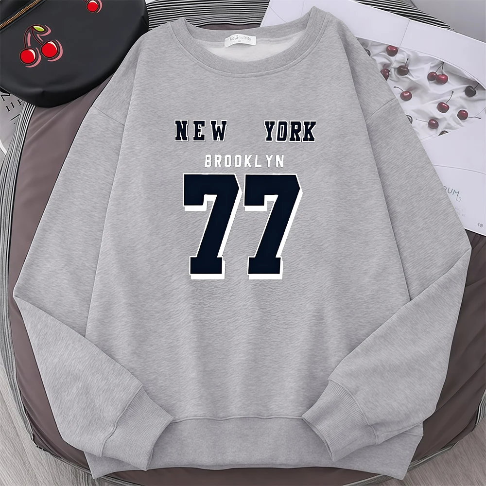 뉴욕 브루클린 77 프린팅 후드티 여성용 스포티 루즈 풀오버 겨울용 플리스 따뜻한 스웨트셔츠 조깅 포켓 남성 의류
