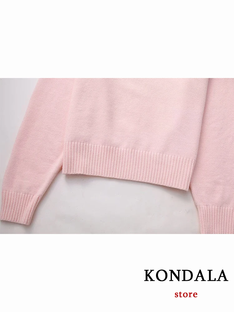 KONDALA Chic Casual Solid Pink Women Knit Sweater O-Neck Long Sleeve Sweetheart Pullover Fashion 2023 Autumn Oversized Basic Top