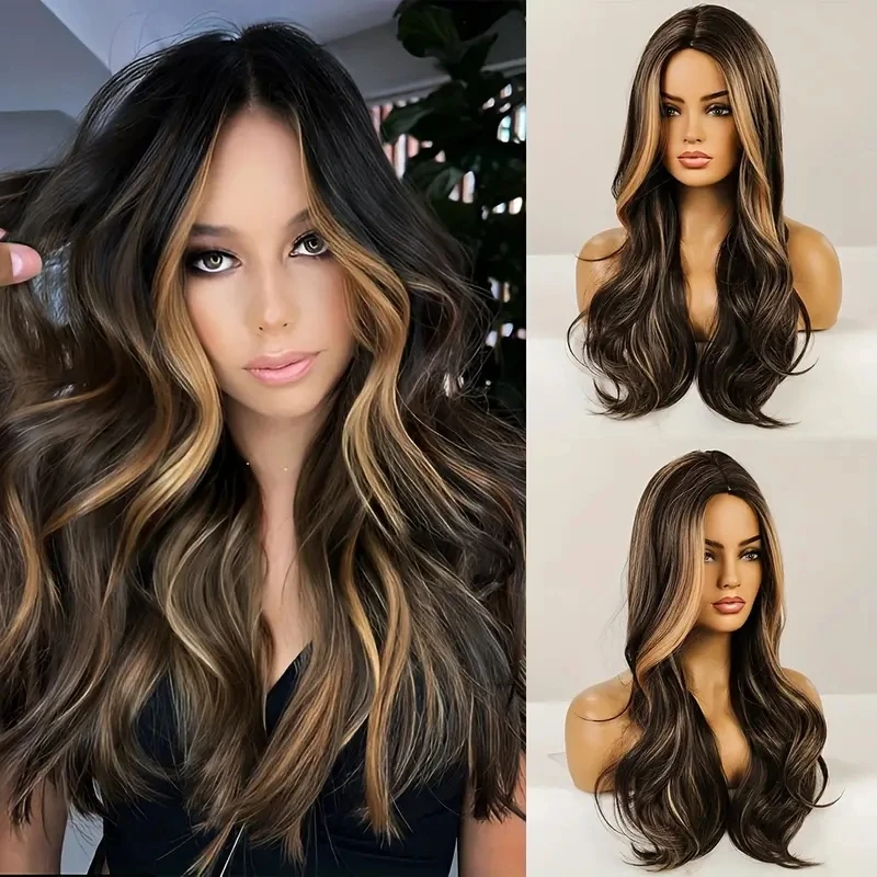 Long Wavy Wig Natural Black Wigs For Women 30 Inch Synthetic Heat Resistant Fiber Wig Middle Part Body Wavy Wig Natural Looking