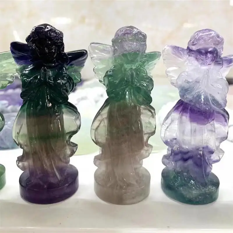 9cm Natural Fluorite Angel Crystal Hand Carved Polished Figurine Healing Energy Stone Feng Shui Aesthetic Room Decor Gifts 1pcs