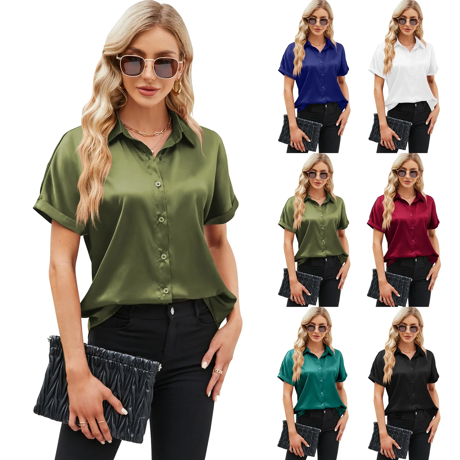 

2023 женская новая летняя блузка, однотонная атласная рубашка с короткими рукавами и пуговицами, женская разноцветная рубашка в пригородном стиле