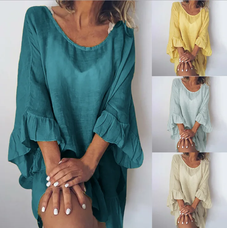 Abito da spiaggia casual ampio Donna Primavera Nuovo O-collo Manica a tre quarti Impiombato ​ ​ Abiti in lino di cotone con volant Grembiule tinta unita