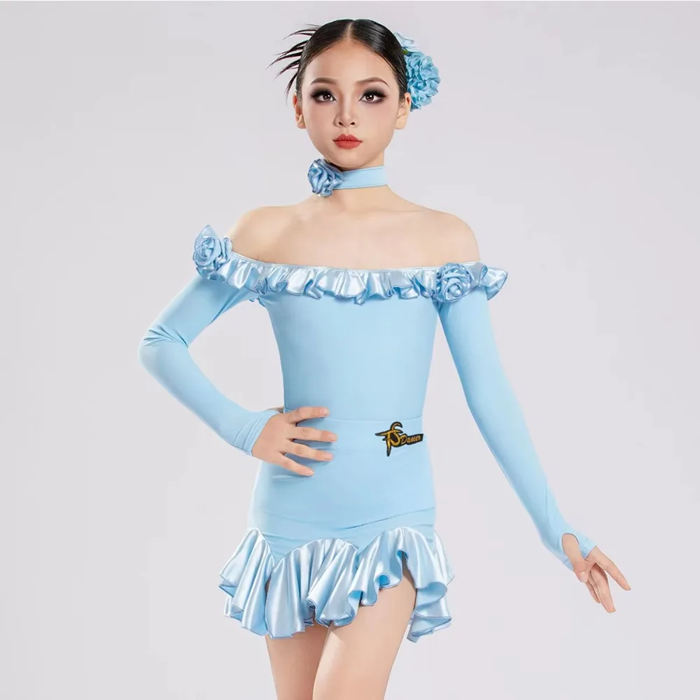 Children's Latin Dance Clothes Girls Long Sleeve Boat Neck Leotard and Irregular Pleated Skirt Hem Skirts Practice Dancewear