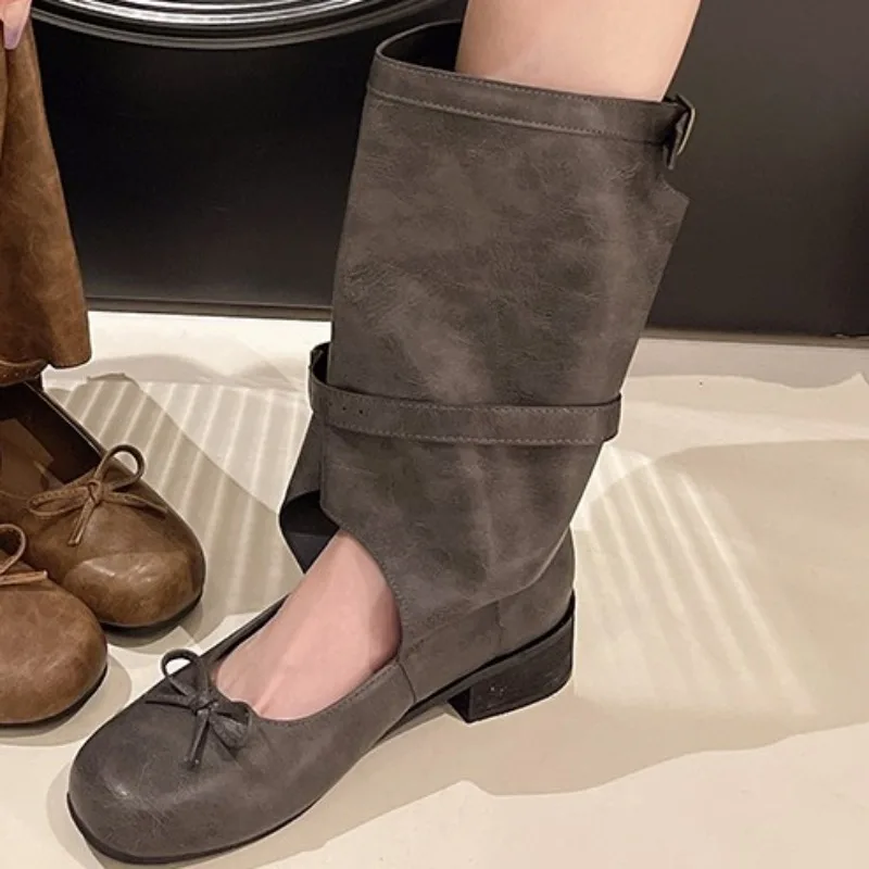 Botas planas retrô de cor sólida para mulheres, cabeça redonda, botas de vaqueiro ocidentais, desfile de moda casual, novo, outono, 2022