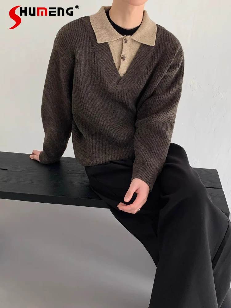 

Men Women 2025 Autumn Winter New Faux Two-Piece V-Neck Tops Pullover Knitted Sweaters Long Sleeve Men Thickened Sweater Jackets