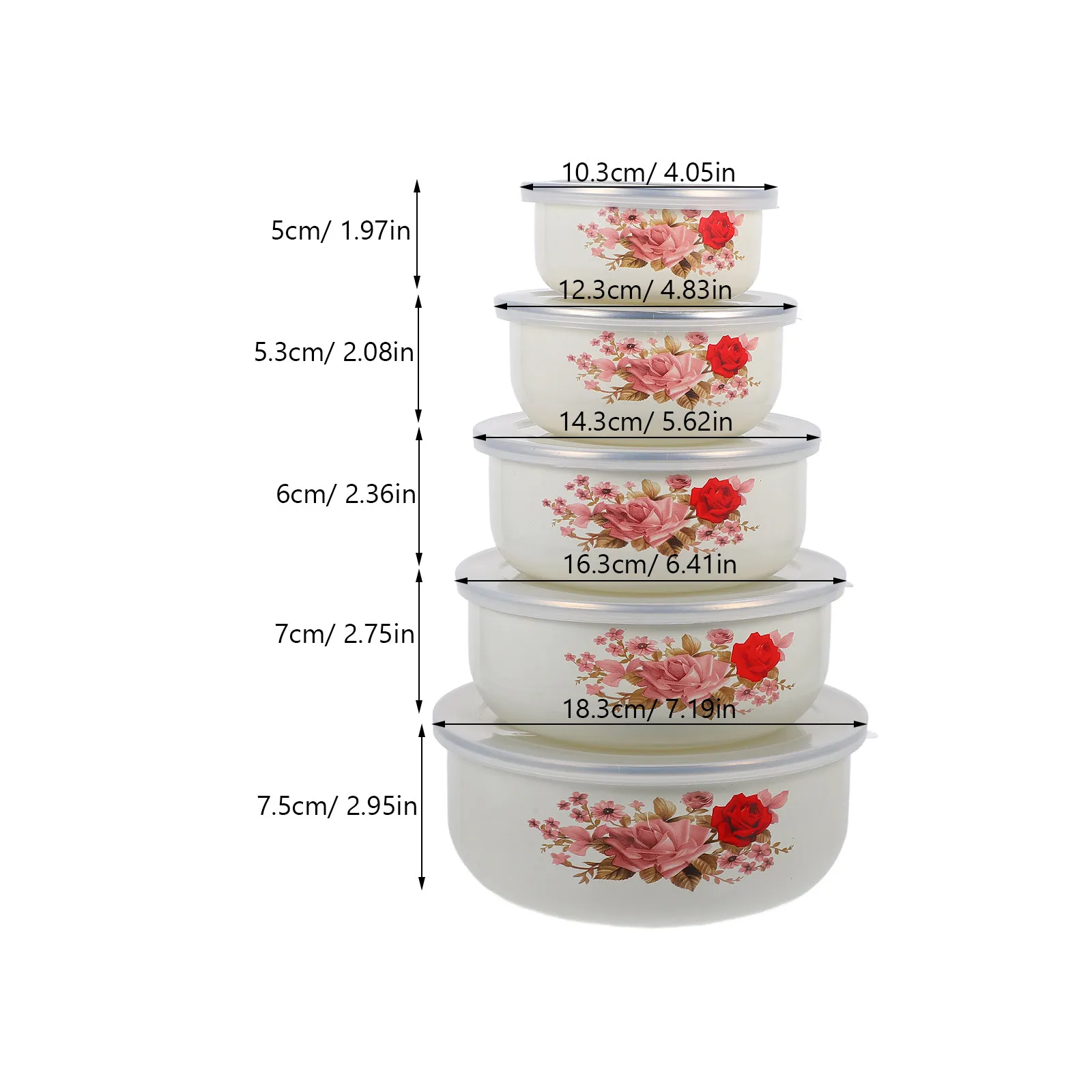 5 Pcs Enamel Keeping Bowls With Lid Storage Containers Metal Mixing Bowl Instant Noodle Food Container Home Camping（5 Size）