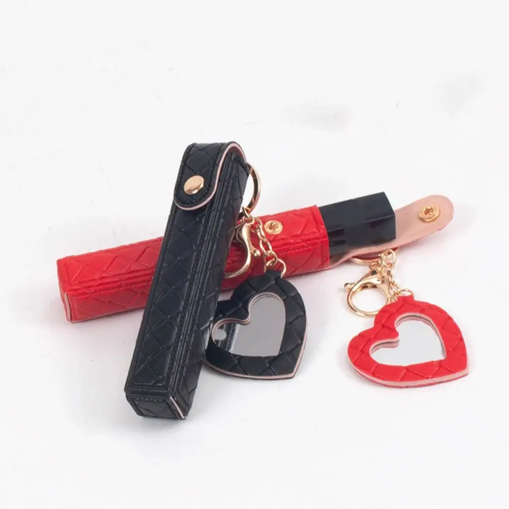 Portable Mini Lipstick Bag Keychain Keychain Design PU Leather Lip Balm Bag with Heart-shaped Mirror Lipsticks Protective Cover
