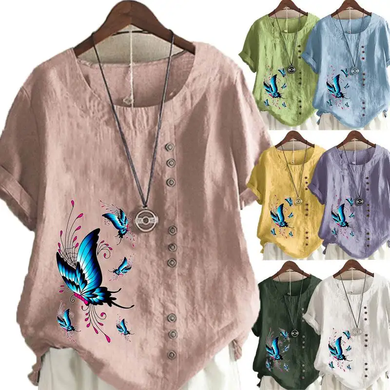 

Casual Cotton Linen Women's irt Print Loose Fit Summer New Sle Wi Cross-Border Large Size Top Fem Clothing