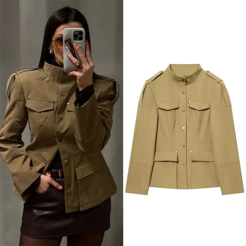 Women's Jacket 2026 Spring New Style Camel Long Sleeve Pocket Decorative Slim Fit Blazer Casual Fashion Versatile