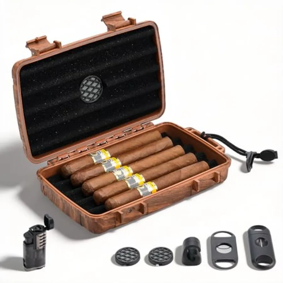 

Дорожный хьюмидор для 5 сигар, герметичный жесткий футляр с турбозажигалкой, незаполненным гильотинным резаком, V-образным резаком, магнитным держателем
