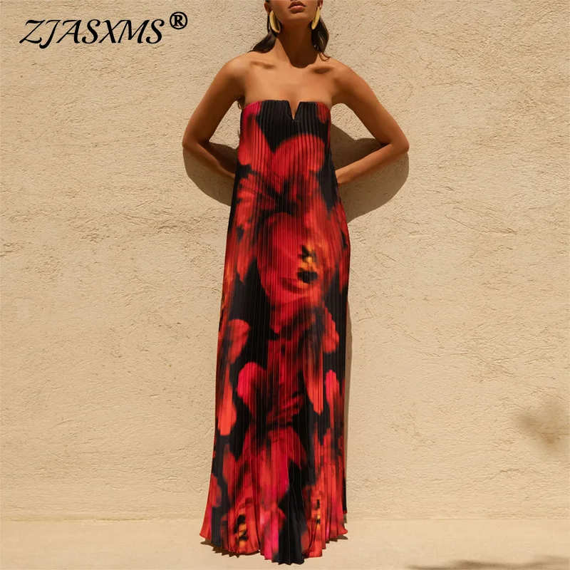 Spring Summer Flower Print Womens Dresses Sexy Strapless Loose Swing Long Party Dresses Chic Backless Zippers Boho Holiday Dress