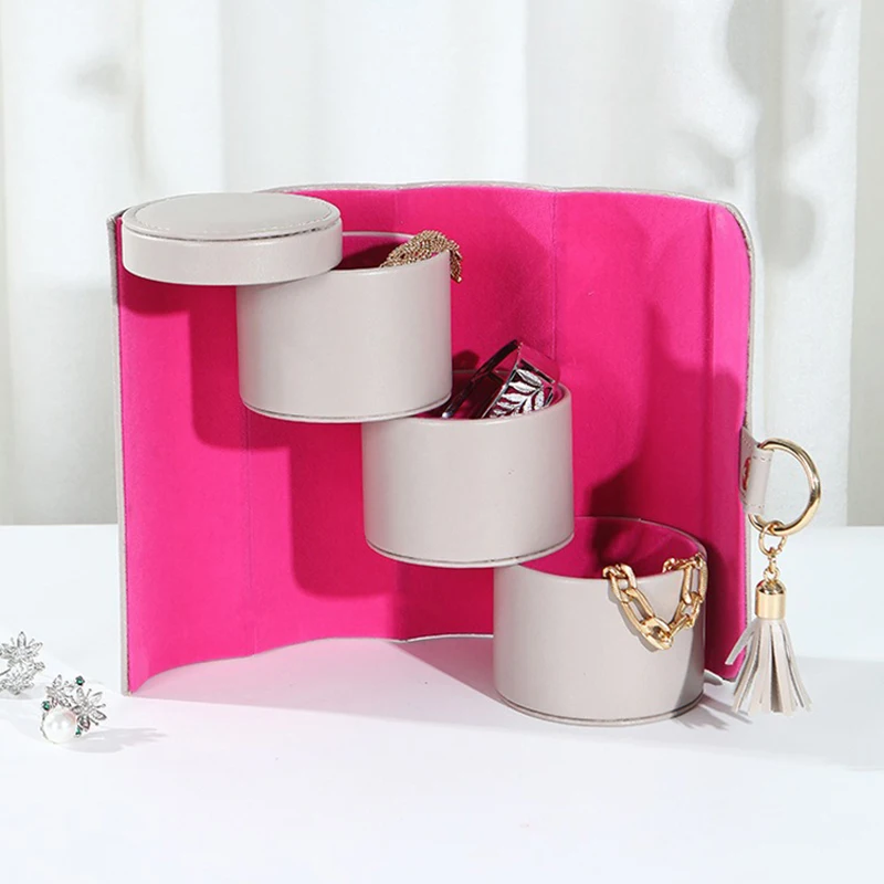 

Шкатулка для украшений из искусственной кожи, цилиндрическая, с 3 отделениями, для путешествий, для хранения и демонстрации колец, серег, ожерелий