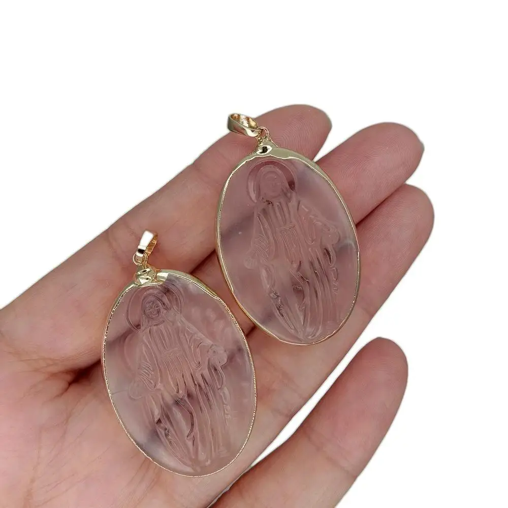 5 Pcs Crystal Quartz Pendant Religious Charm Oval Shape Metal Plated Female Jewelry