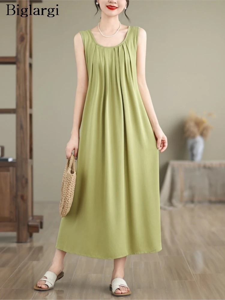 

Oversized Summer Sleeveless Vests Dress Women Ruffle Pleated Loose Fashion Ladies Dresses Casual Woman Long A-Line Dress