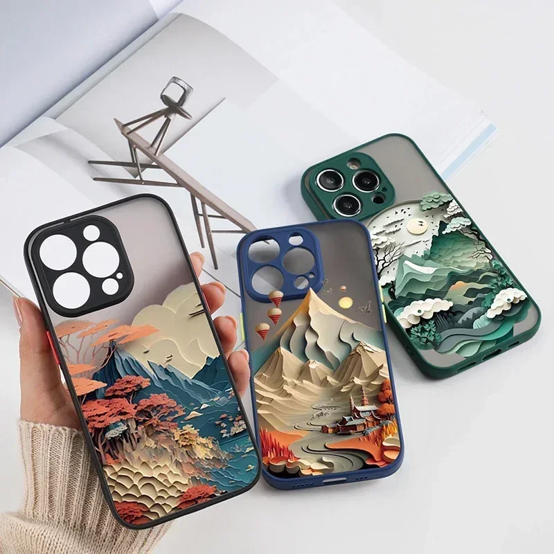 Landscape Hard Matte Phone Case For iPhone 16 15 14 13 12 11 Pro Max Mini 7 8 Plus SE Creative Mountains Rivers Shockproof Cover