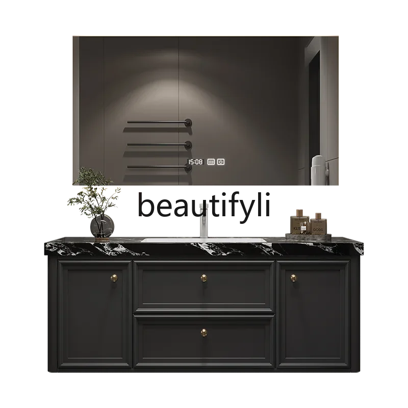 

Y French smart bathroom cabinet, hot curved rock slab integrated basin, solid wood washbasin, washbasin combined cabinet