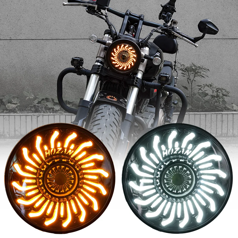 

5.75 Inch Round Petal Design Motorcycle Headlight, 50W IP67 Waterproof, White/Amber DRL + Amber Turn Signal, Compatible with Har