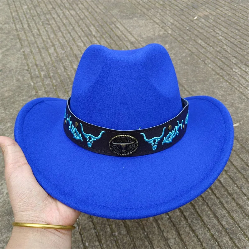 Solid color cowboy felt hat bull head accessories men and women cowboy hat large brim knight hat ковбойская шляпа