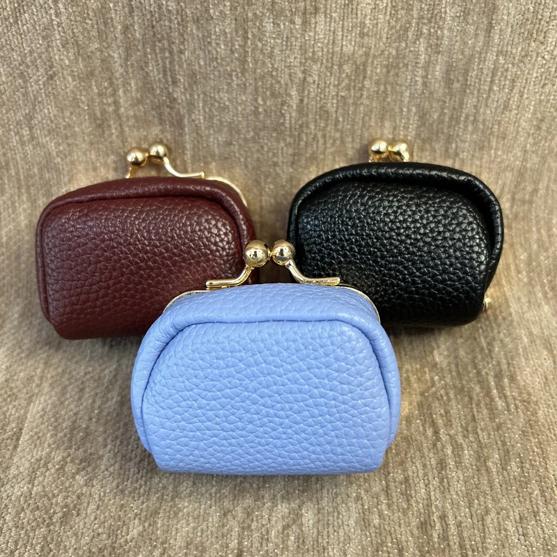 CLAREGQI Genuine Leather Kiss Lock Coin Purse Mini Zipperless Change Pouch with Keychain Women's Textured Leather Mini Kiss Lock