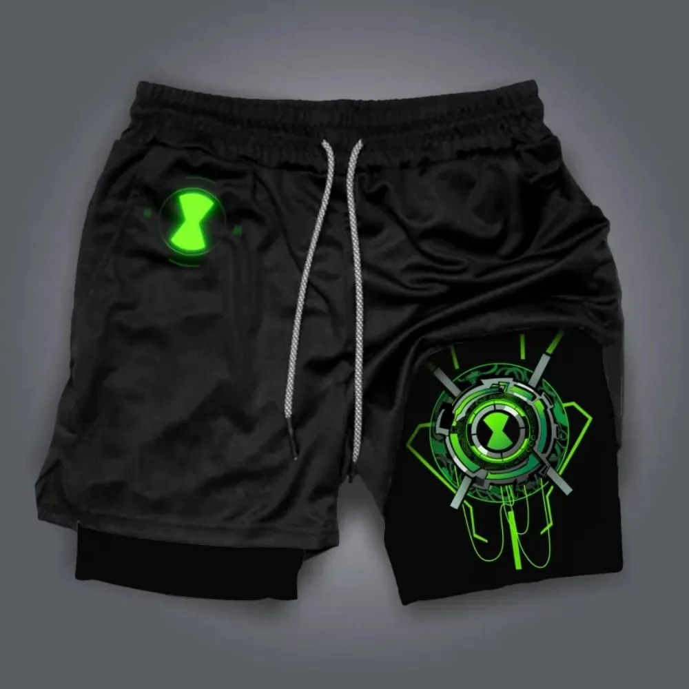 Ben 10 Pantalones cortos dobles para hombre Ben Tennyson American Animation Summer Fake Pantalones cortos deportivos de dos piezas Pantalones de gimnasio de secado rápido 2 en 1