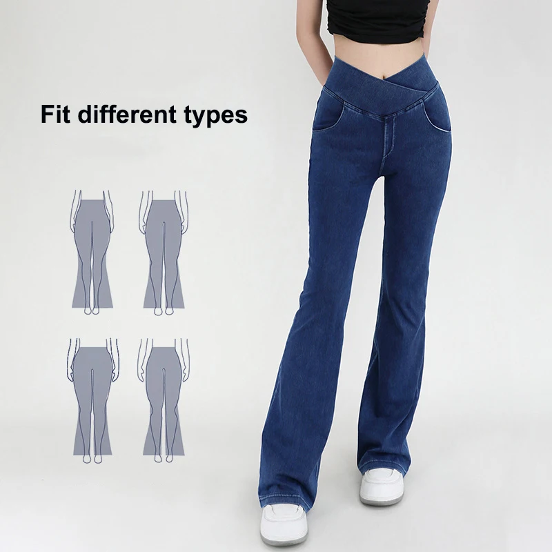 Women Yoga Flared Pants Casual Bell Bottom Trousers V Cross High Waist Gym Fitness Denim Jeans Elastic Butt Lifting Sport Pants