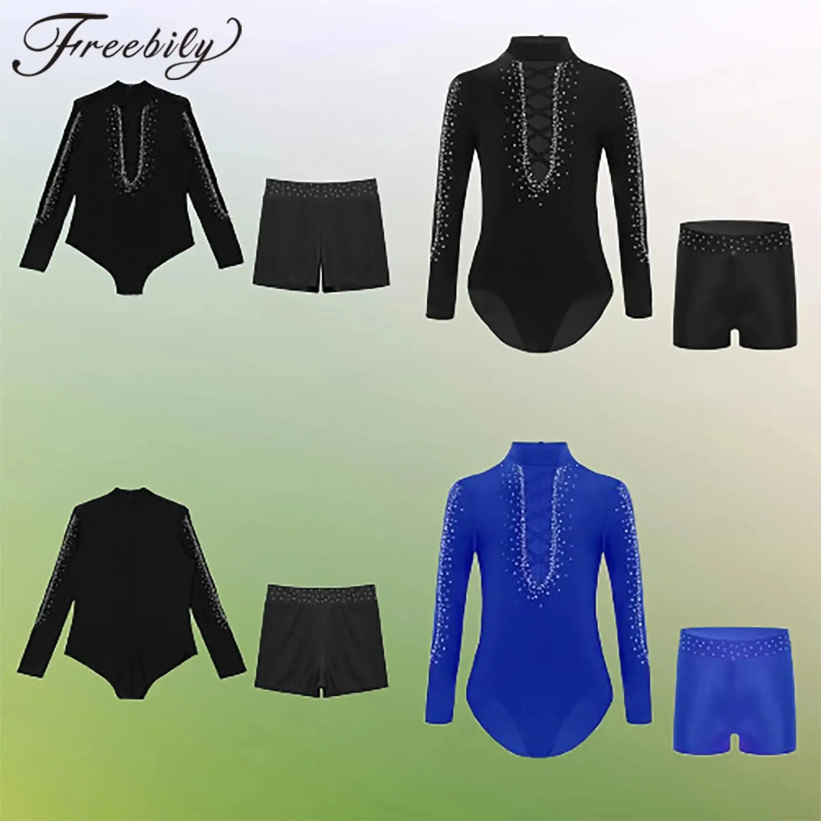 

Kids Latin Dance Rhinestone Bodysuit for Boys Gymnastics Leotard Dance Outfit Long Sleeve Figure Skating Jumpsuit with Shorts