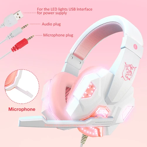 Audifonos gamers  para PC y chicas, HiFi estéreo rosa Auriculares con cable con micrófono, cascos gaming negro para videojuegos, PS4, Windows XP/7/8/10, teléfono portátil