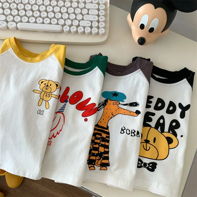 Children Long Sleeved T-shirt  Autumn Color Blocked Raglan Sleeves Boys Sports Shirt 3-8 Years Old Cartoon Printed Girls Top