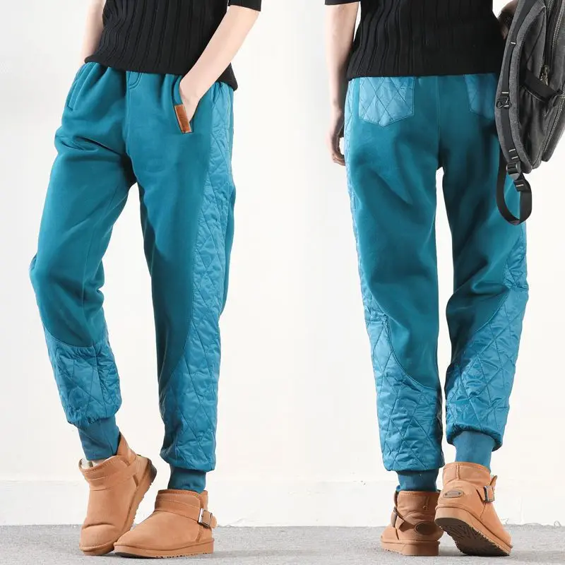 Winter Fashion Women Pants Patchwork Plus Fleece Harem Solid Color Elastic Waist All-match Cotton Korean Big Size Warm Trousers