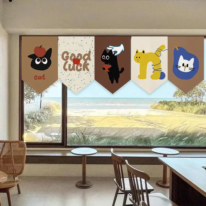 VIKAMA Cartoon Kitty Triangular Curtain Brown Black Yellow Cat Apple Good Luck Cute Animal Kitchen Window Valance Banner Decor