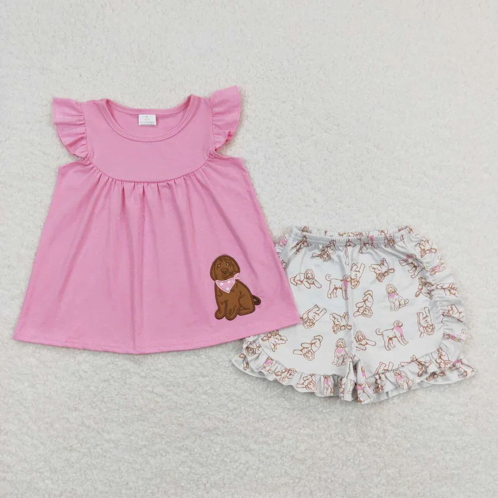 

Boutique Embroidery Valentine's Day Clothes GSSO0581 Embroidery Dog Pink Girls Shorts Set