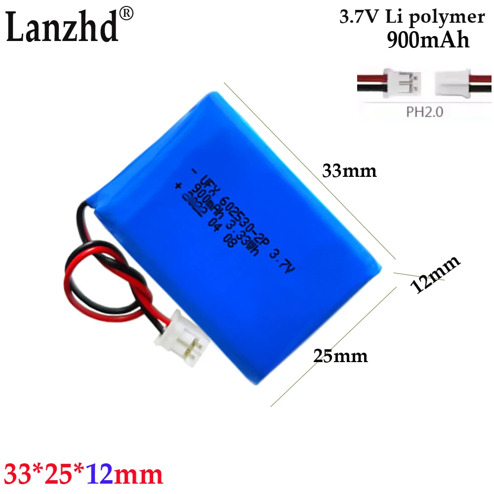 1-12 1S2P Li polymer lithium battery 3.7V For induction speaker visual door lock battery 602530 900mAh with PH 2.0 plug