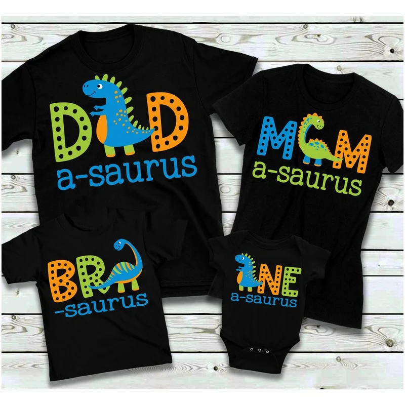 

Birthday T-shirt Dinosaur 1st Birthday Family on Black Shirts - Dino 1st Birthday Boy Mama Saurus Daddy Green Orange BlueT Shirt