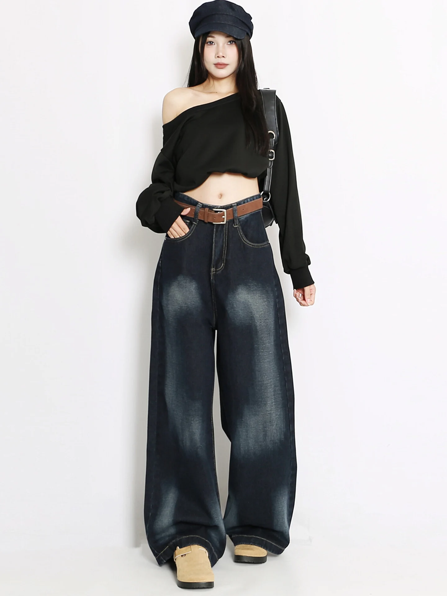 Jean en Denim pour femmes, ample, taille haute, jambes larges, bleu, rétro américain, Tube droit, longueur au sol, pantalon, nouvelle collection automne