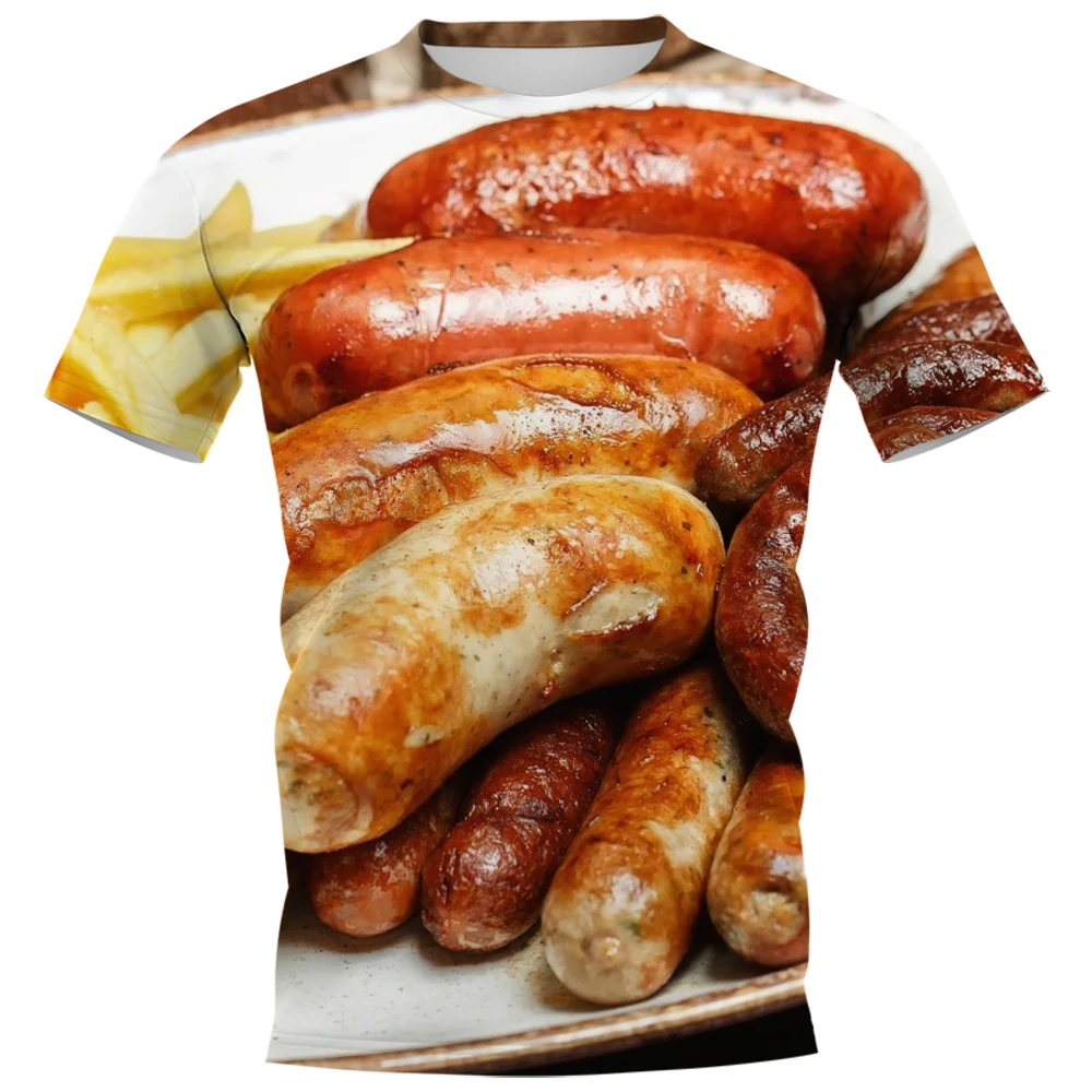 HX  Yummy Food T-shirts 3D Graphic Delicacy Grilled Sausages Pullovers Polyester All Printed Tees Harajuku Men Clothing