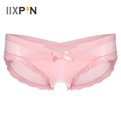 Mens Sissy Cross-Dresser Underwear See-Through Mesh Crotchless Briefs Low Rise Lace Trim Underpants Sexy G-String Thongs