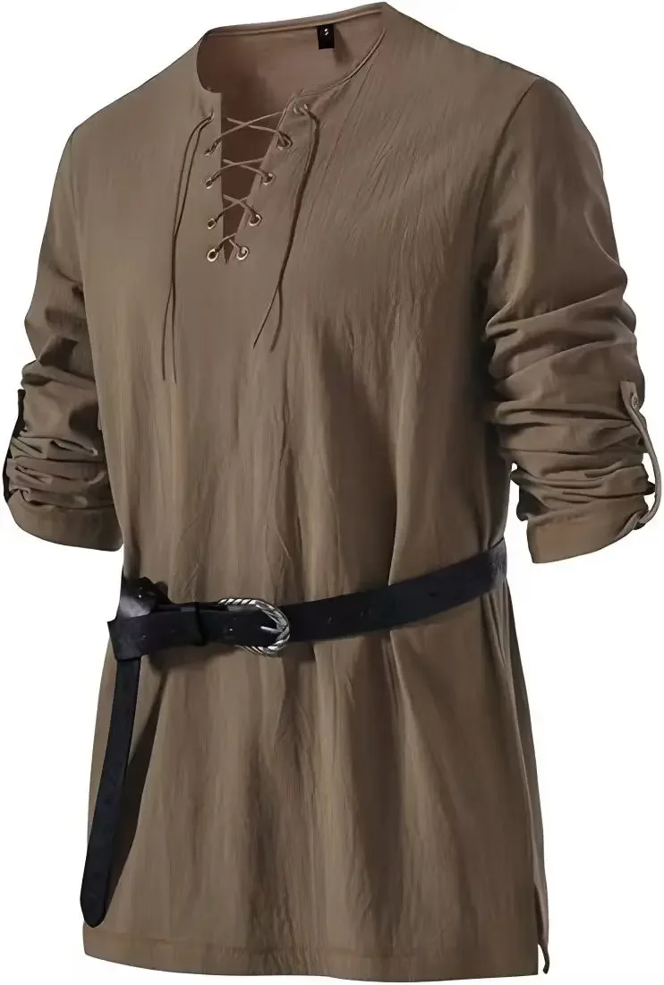 Mittelalterliches Schnürhemd für Herren mit Gürtel, langärmelig, Vintage-Piraten-Wikinger-Oberteil, Halloween-Cosplay-Kostüm, lässige Bluse – Detail 25