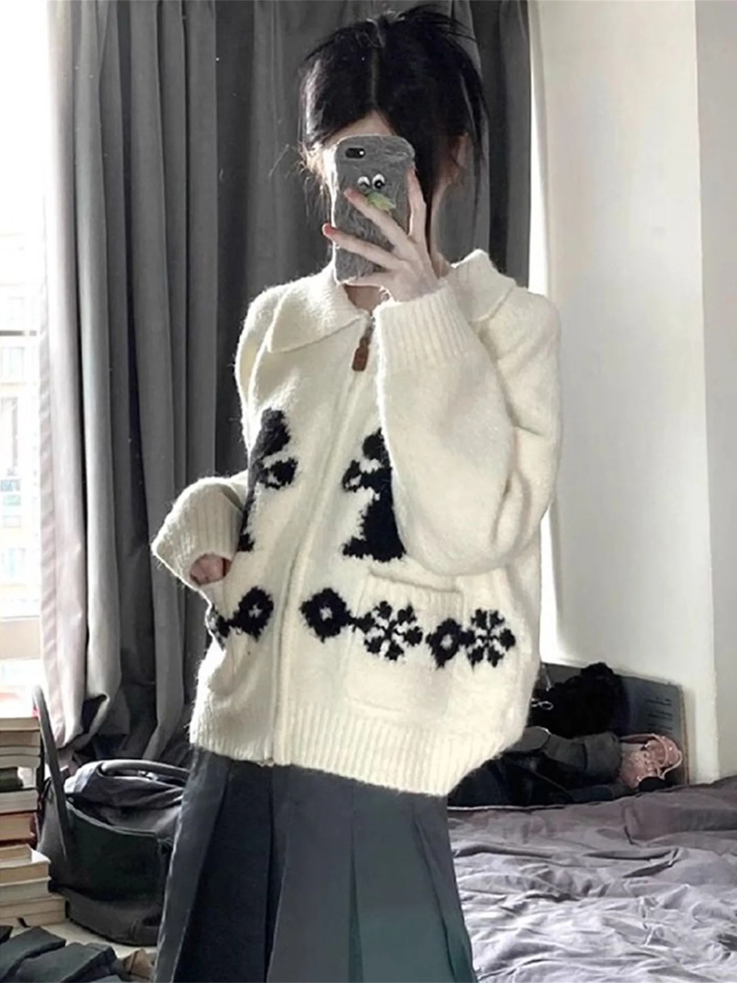 

Korean Sle Zipper Knitted Sweater Coat Women's Autumn Winter Soft Cozy Collar Jaet High Waist Commute Faion