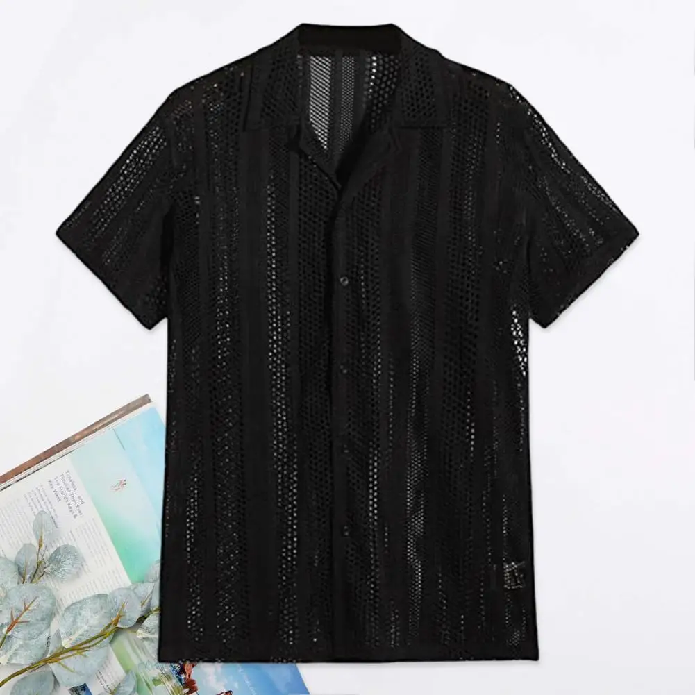 Soft Men Shirt Breathable Hollow Out Men's Summer Shirt with Short Sleeves Lapel Single-breasted Cardigan for Sport Club