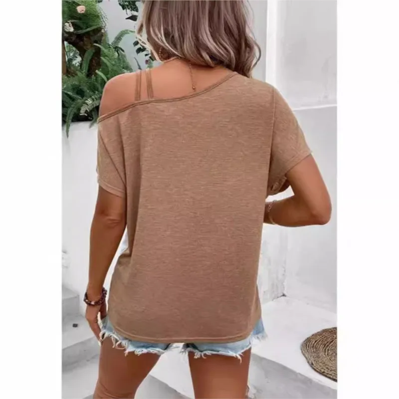 Women's Blouses Spring Summer Two-color Splicing Shoulder Strap T-shirt Casual Loose Cross-over Short-sleeve Tops Women Clothing