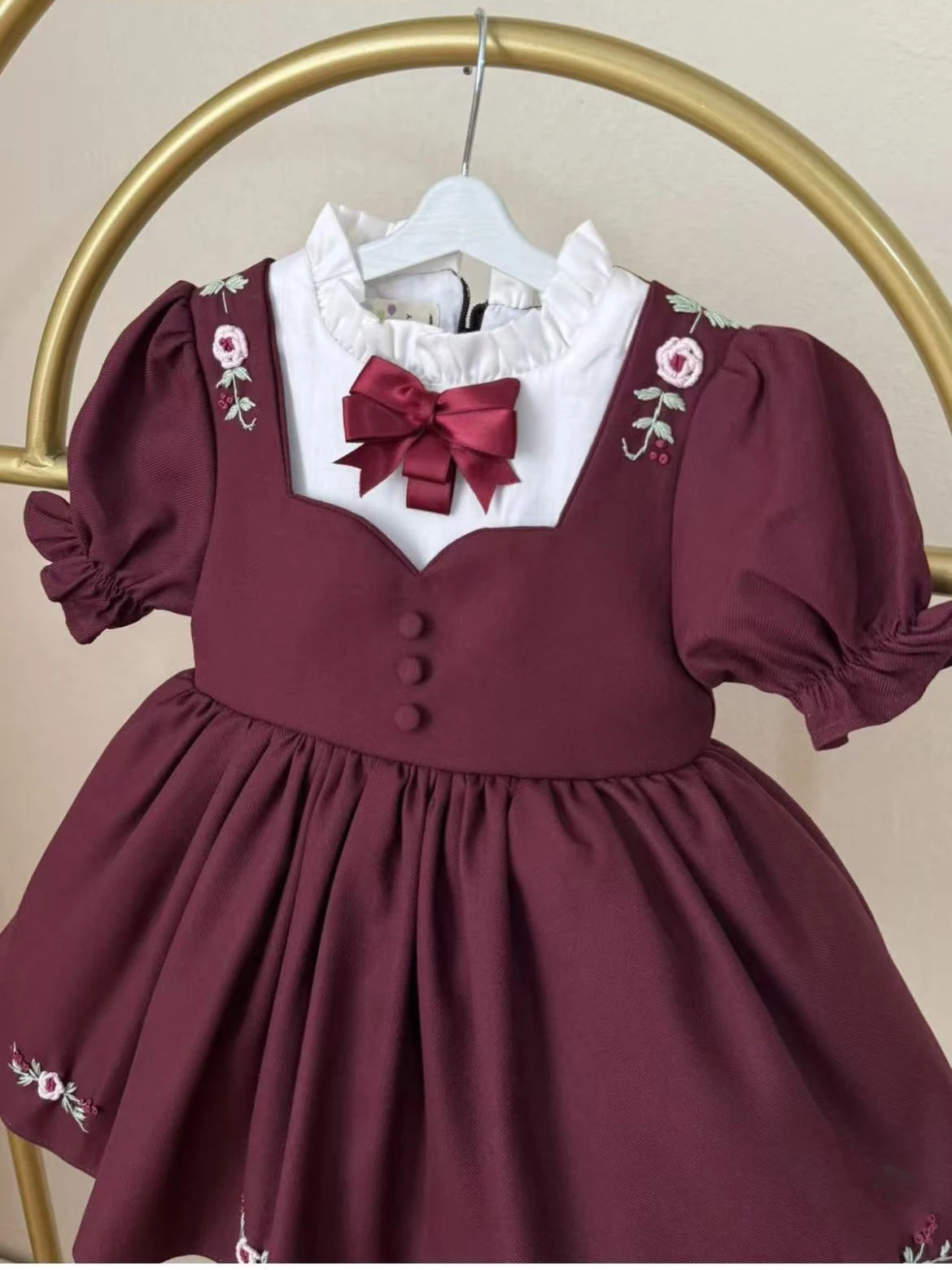 Summer Baby Girl Sweet Vintage Handmade Embroidered Flower Bow Red Fluffy Dress For Casual Party Birthday Wedding Photography