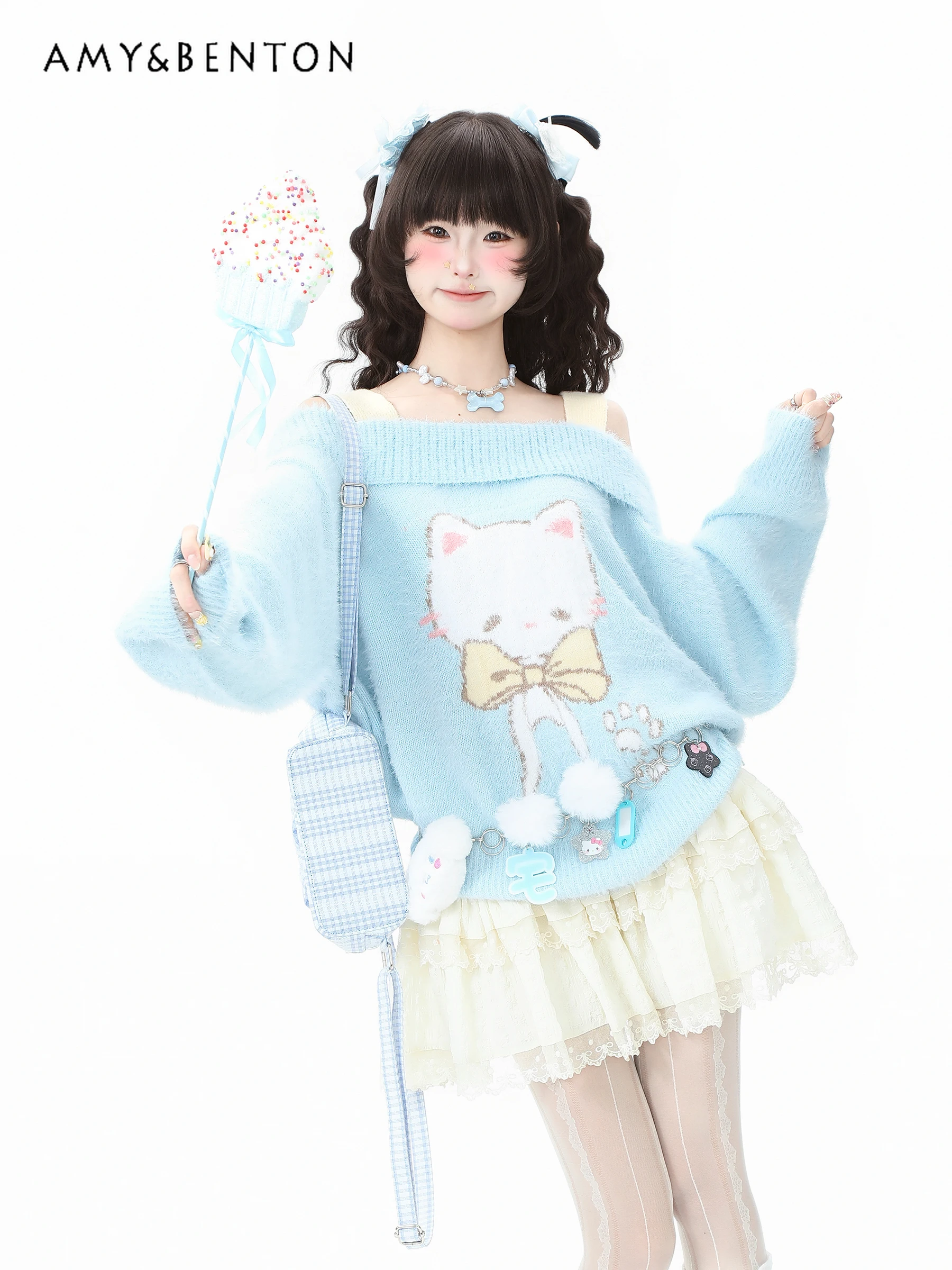 

2025 Spring and Autumn New Mink Velvet Strap Off-Shoulder Knitted Sweater Women's Cute Cat Print Casual Top Green Short Skirt