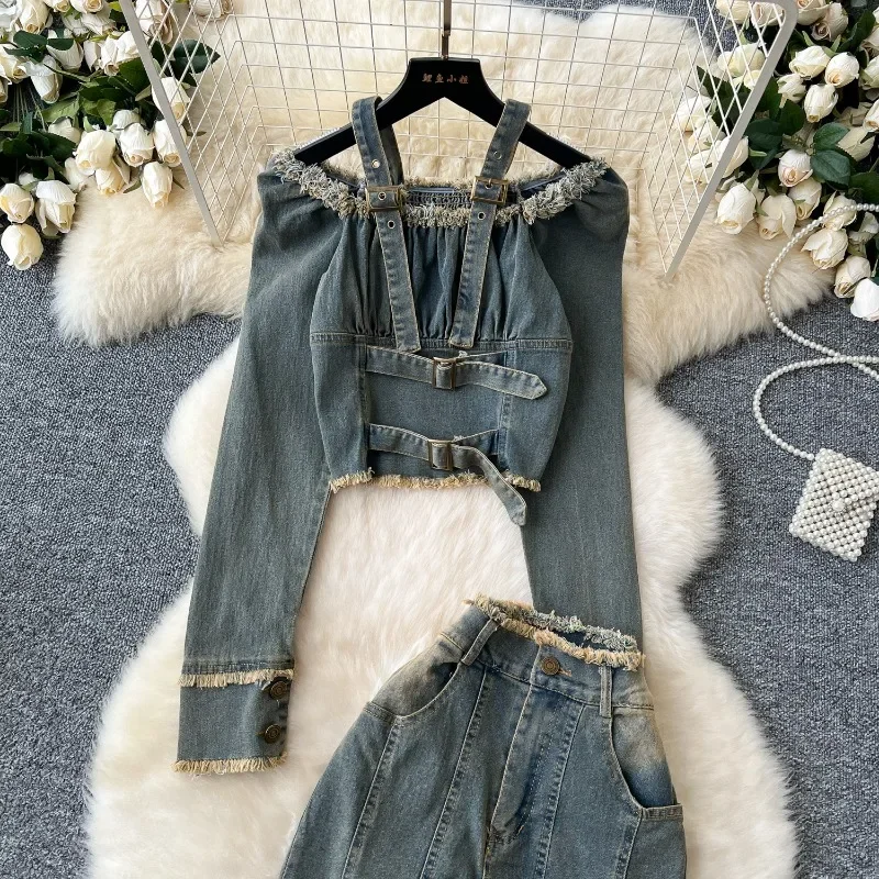 Aesthetic Vintage Punk Casual Two Piece Sets Sexy Off Shoulder Raw Edge Denim Jacket High Waist All-match Cowboy Trousers