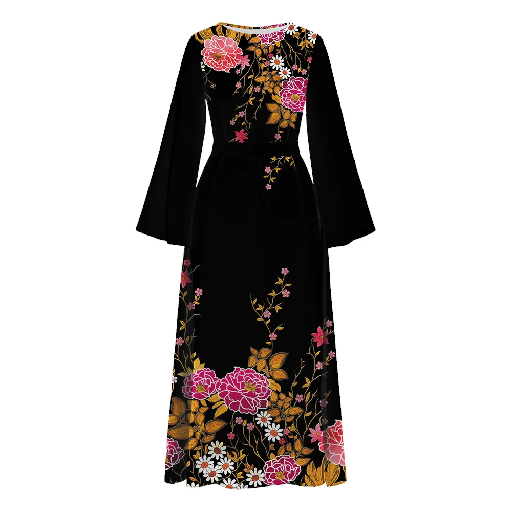 Autumn Ramadan Abaya Long Sleeve Muslim Islam Turkey Abaya Vestidos Vintage Casual Holiday Women Tunic Robe Floral Printed Dress