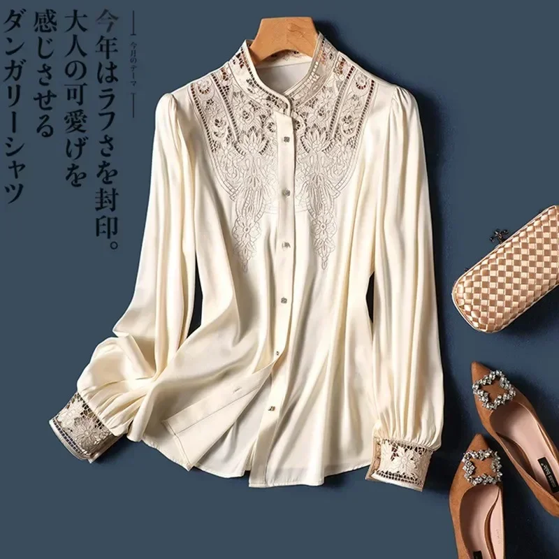 2024 France style Ladies' Shirts with Luxury embroidery New Elegant Women's Button-Down blouses with Graceful Design blusa mujer