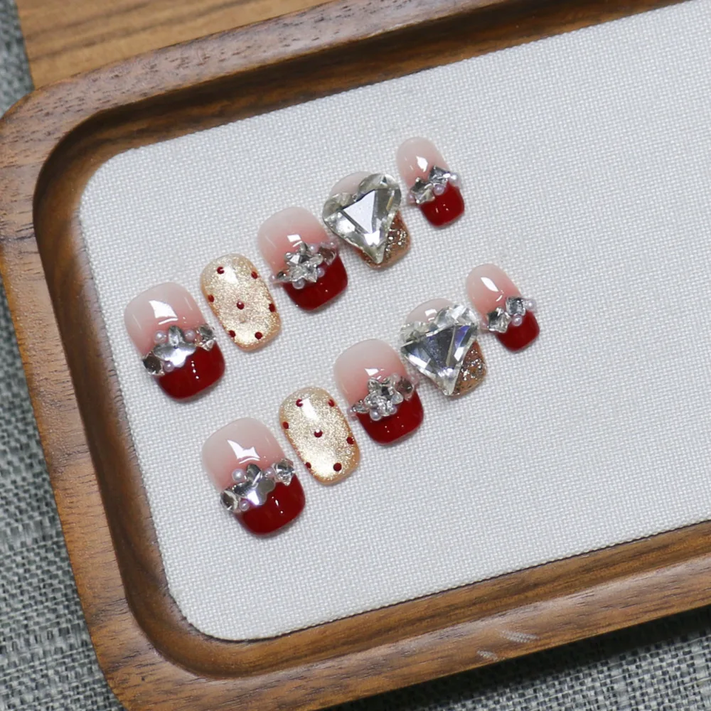 

10pc New Handmade Press On Nails Red French Style With Zirconia Gel Nails High-end Skin-brightening Handcrafted False Nails