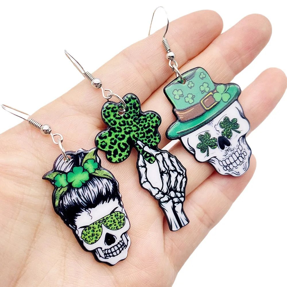 Saint Patrick's Day Earrings Halloween Skull Girl Head Irish Acrylic Earrings for Girls Women Children Birthday Gift Jewelry