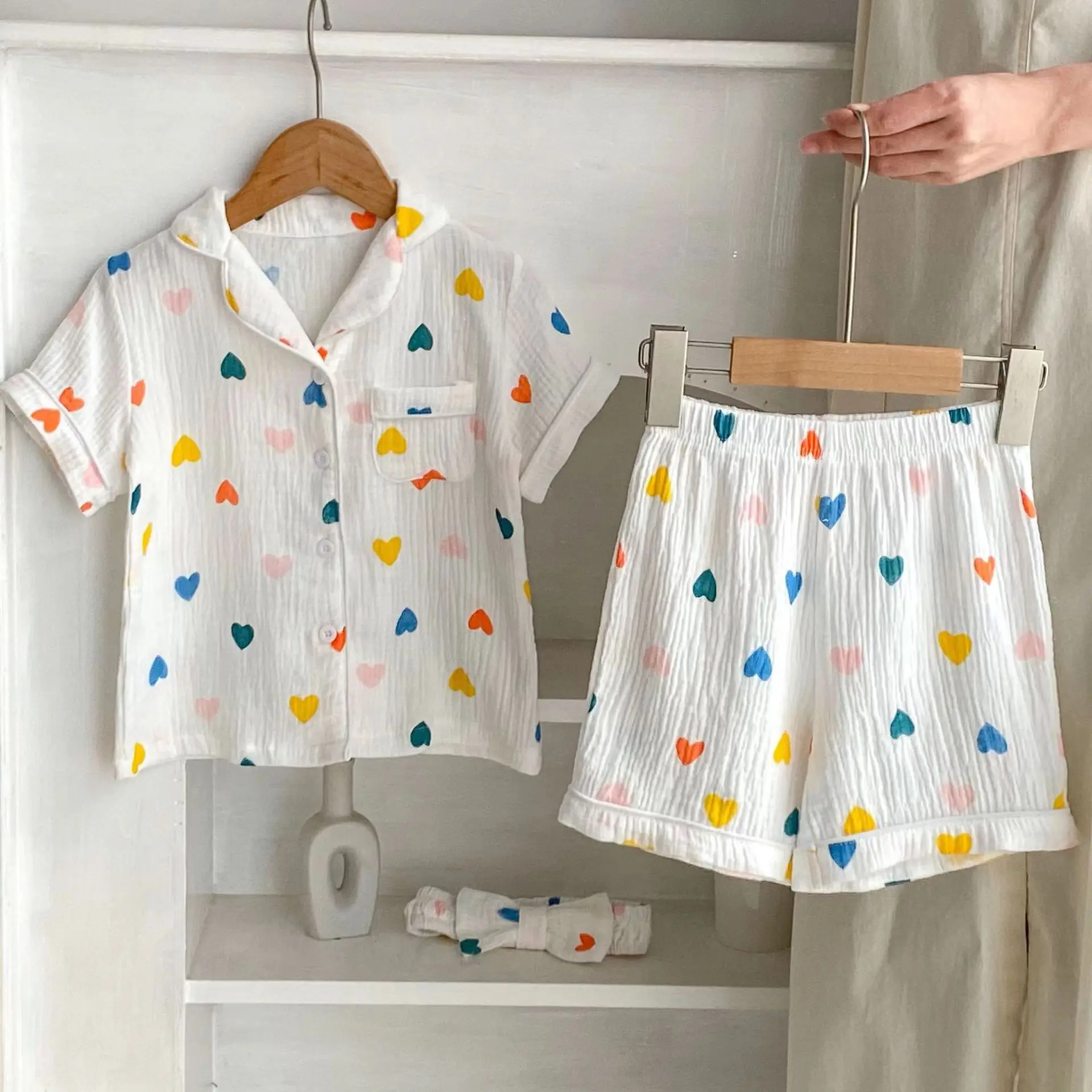 Ensemble trois pièces en coton double face pour parents et enfants, pyjama à manches courtes, bande de sauna, amour, mère, fille, été, 2024