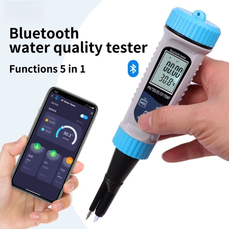 

Bluetooth 5 in 1 PH Temperature TDS EC CF Meter Digital PH Tester Automatic Calibration Function Water Quality Detector